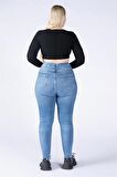 Büyük Beden Mavi Yüksek Bel Diz Lazer Skinny Jeans